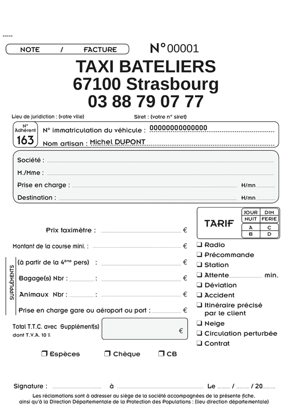 Carnets Facture Taxi