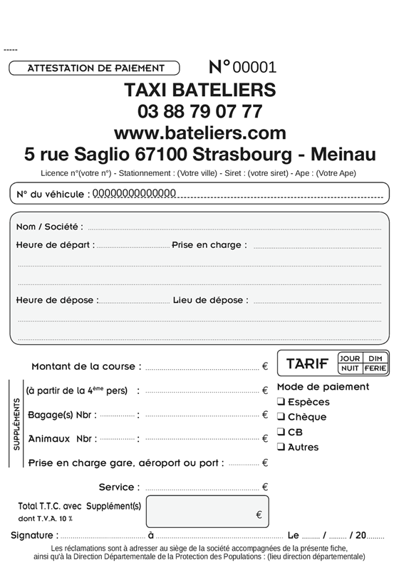 Carnets Facture Taxi